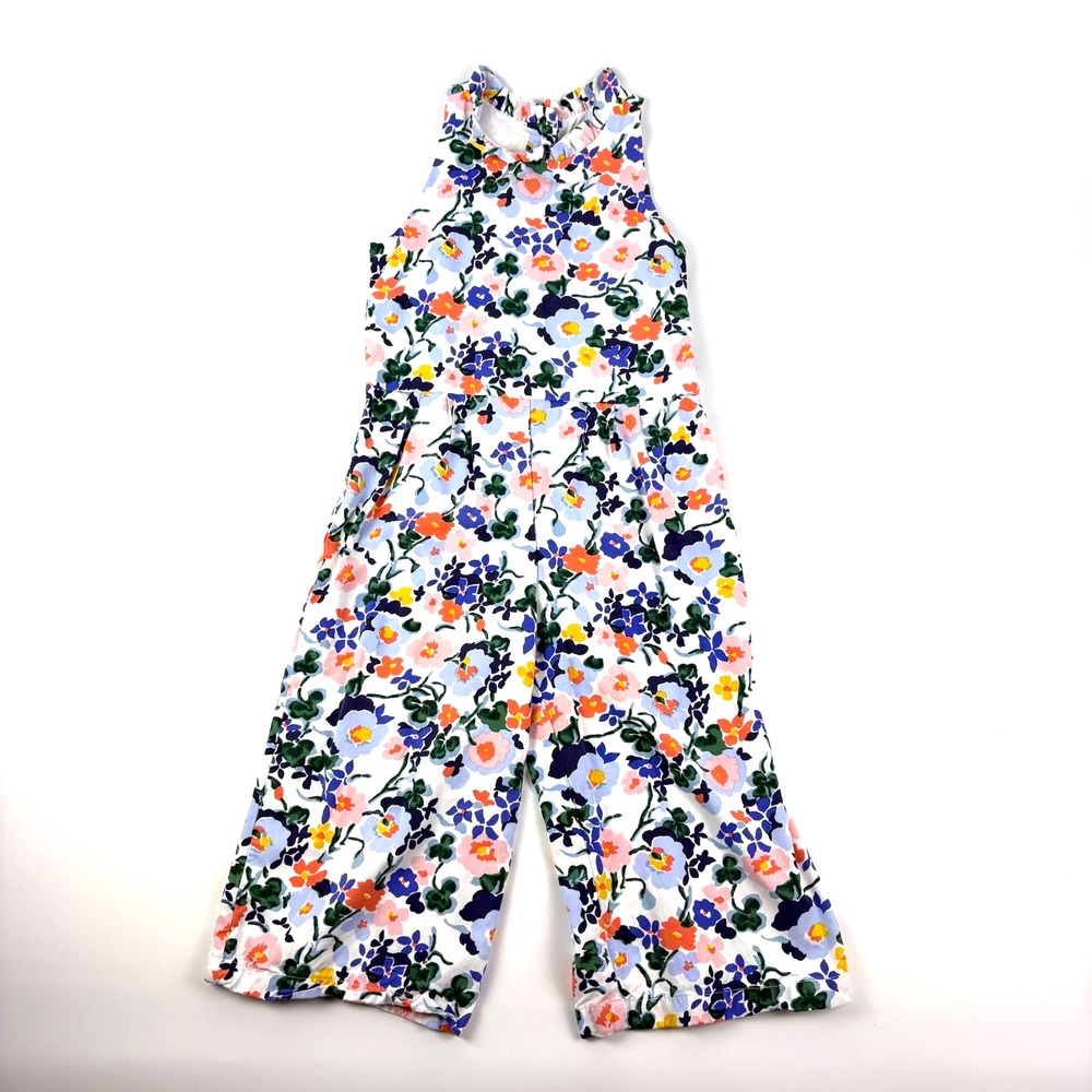 Janie and Jack Floral‎ Jumpsuit Girls Sz 4 White AOP High Ruffle Neck Wide Leg